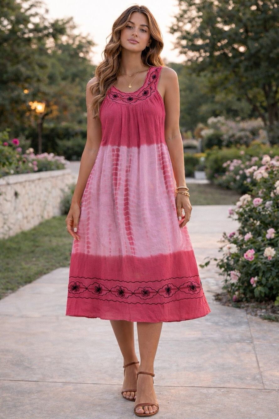 Ladies Pink Ombré Boho Embroidery Stitching One Size Tye Dye Midi Hippie